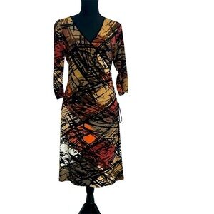 Le Chateau multicoloured zigzag artsy print long sleeve V-neck faux wrap dress S